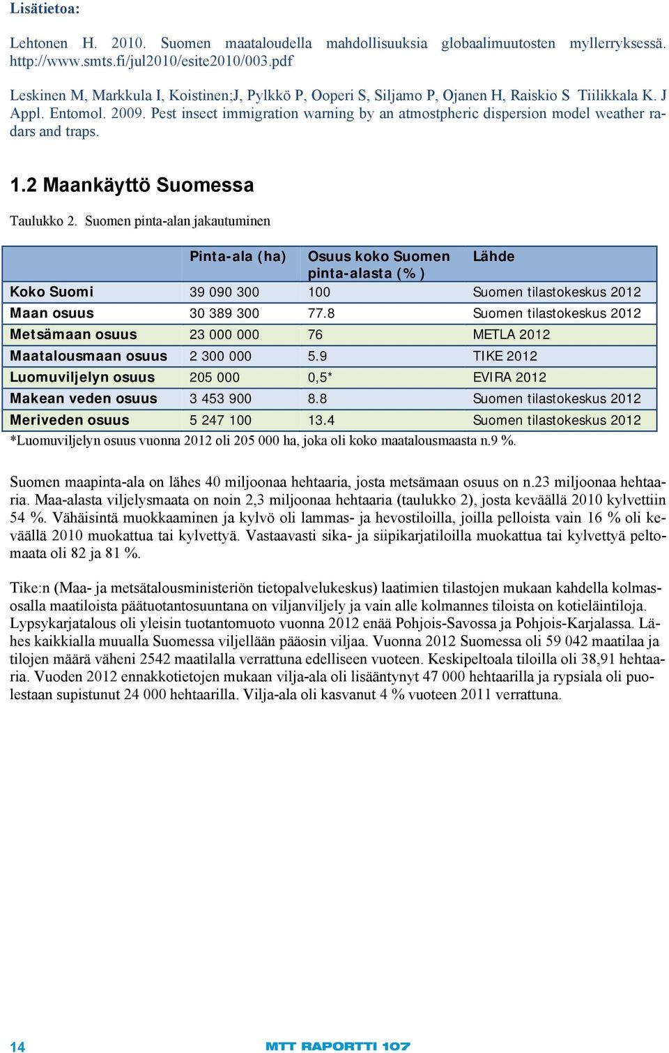 Pest insect immigration warning by an atmostpheric dispersion model weather radars and traps. 1.2 Maankäyttö Suomessa Taulukko 2.