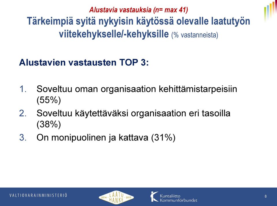 TOP 3: 1. Soveltuu oman organisaation kehittämistarpeisiin (55%) 2.