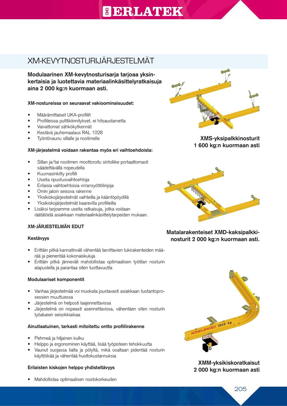 sillalle ja nostimelle XMjärjestelmä voidaan rakentaa myös eri vaihtoehdoista: XMSyksipalkkinosturit 1 600 kg:n kuormaan asti Sillan ja/tai nostimen moottoroitu siirtoliike portaattomasti