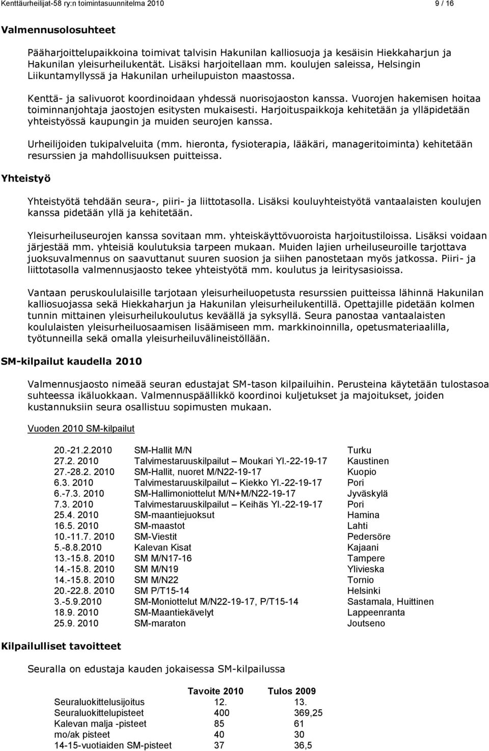 Vuorojen hakemisen hoitaa toiminnanjohtaja jaostojen esitysten mukaisesti. Harjoituspaikkoja kehitetään ja ylläpidetään yhteistyössä kaupungin ja muiden seurojen kanssa.