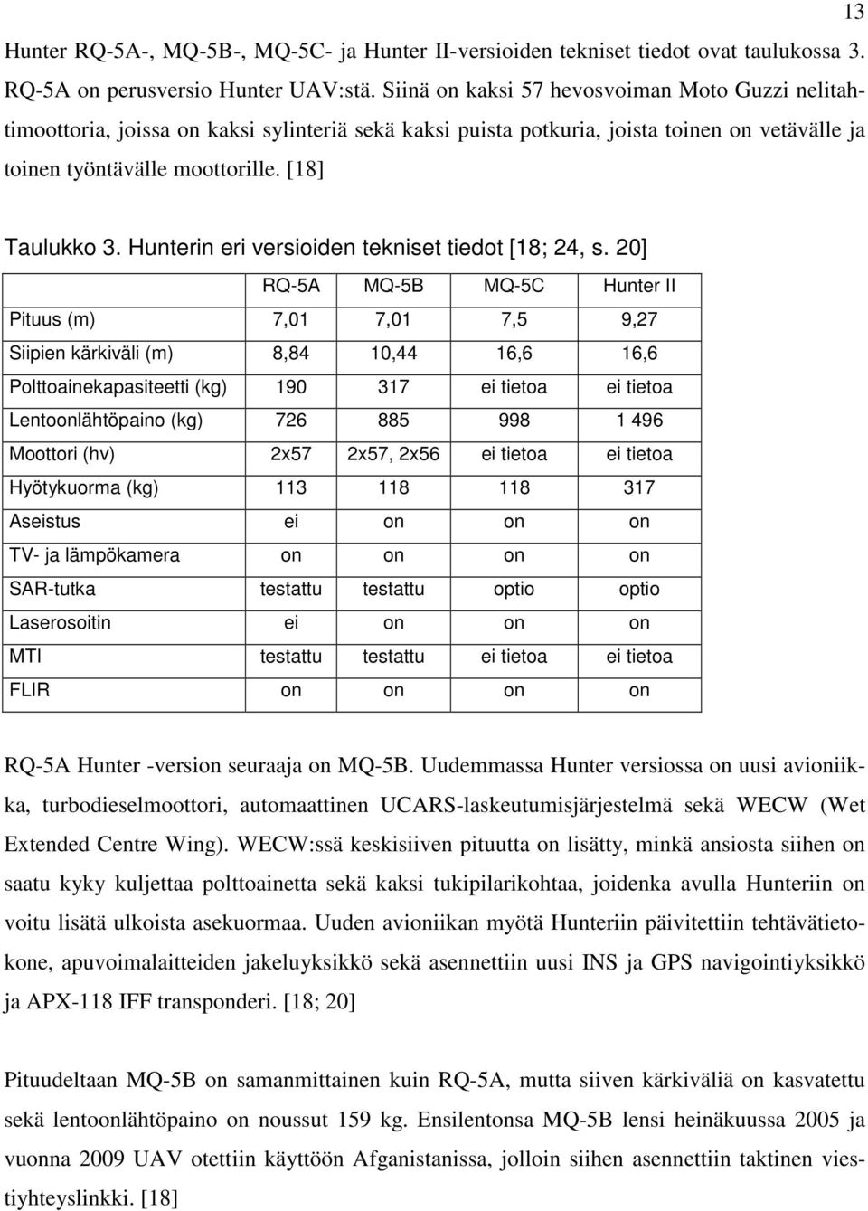 Hunterin eri versioiden tekniset tiedot [18; 24, s.