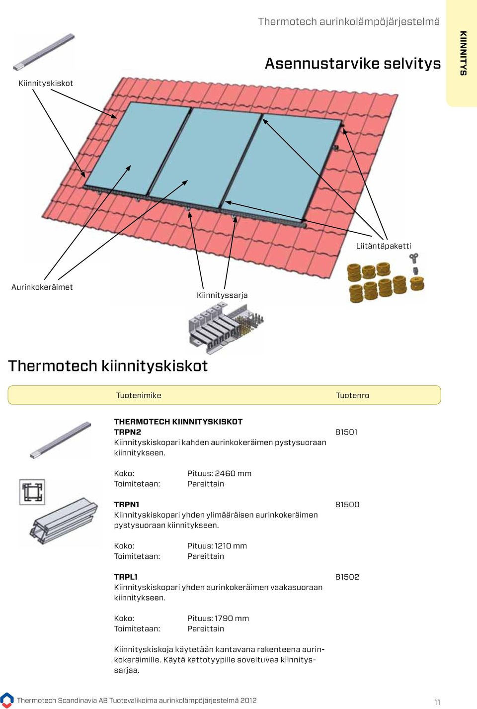 Dimensioner: Levereras: Längd: 1210 mm Parvis Liitäntäpaketti Aurinkokeräimet Thermotech montageskenor TRPL1 Monteringsskenor i par för montering av 1 solfångare horisontellt.