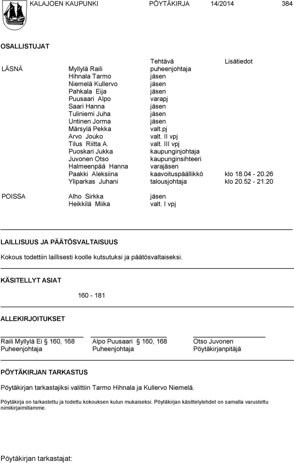 pj Arvo Jouko valt. II vpj Tilus Riitta A. valt. III vpj Puoskari Jukka kaupunginjohtaja Juvonen Otso kaupunginsihteeri Halmeenpää Hanna varajäsen Paakki Aleksiina kaavoituspäällikkö klo 18.04-20.