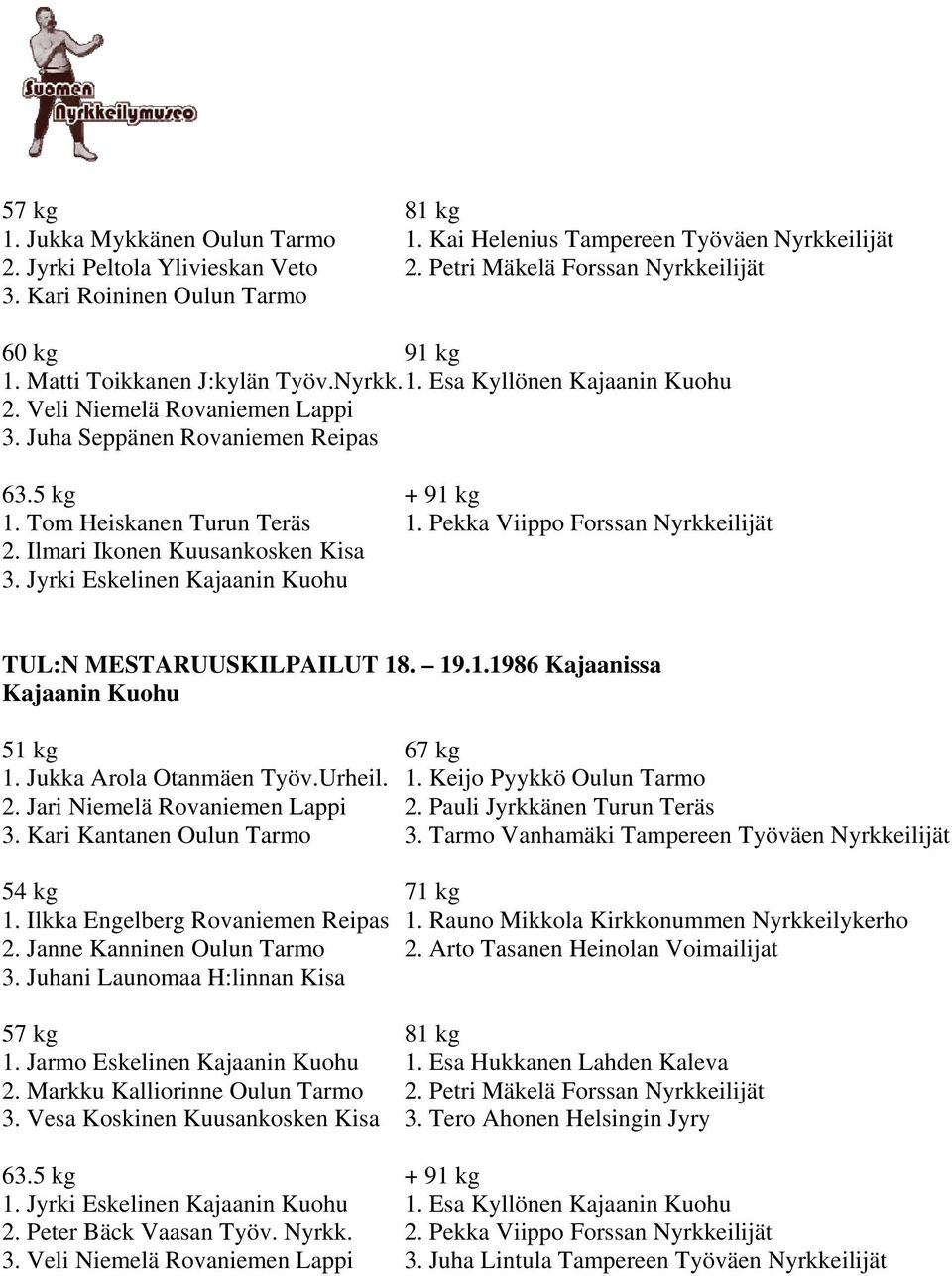 Pekka Viippo Forssan Nyrkkeilijät 2. Ilmari Ikonen Kuusankosken Kisa TUL:N MESTARUUSKILPAILUT 18. 19.1.1986 Kajaanissa Kajaanin Kuohu 51 kg 67 kg 1. Jukka Arola Otanmäen Työv.Urheil. 1. Keijo Pyykkö Oulun Tarmo 2.