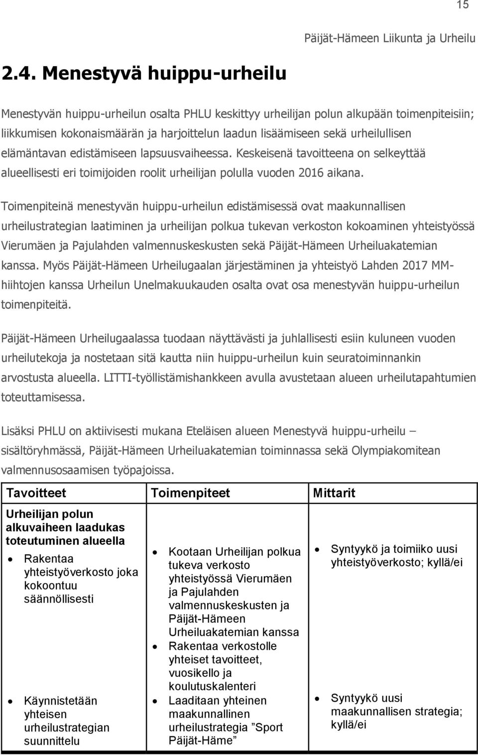 elämäntavan edistämiseen lapsuusvaiheessa. Keskeisenä tavoitteena on selkeyttää alueellisesti eri toimijoiden roolit urheilijan polulla vuoden 2016 aikana.