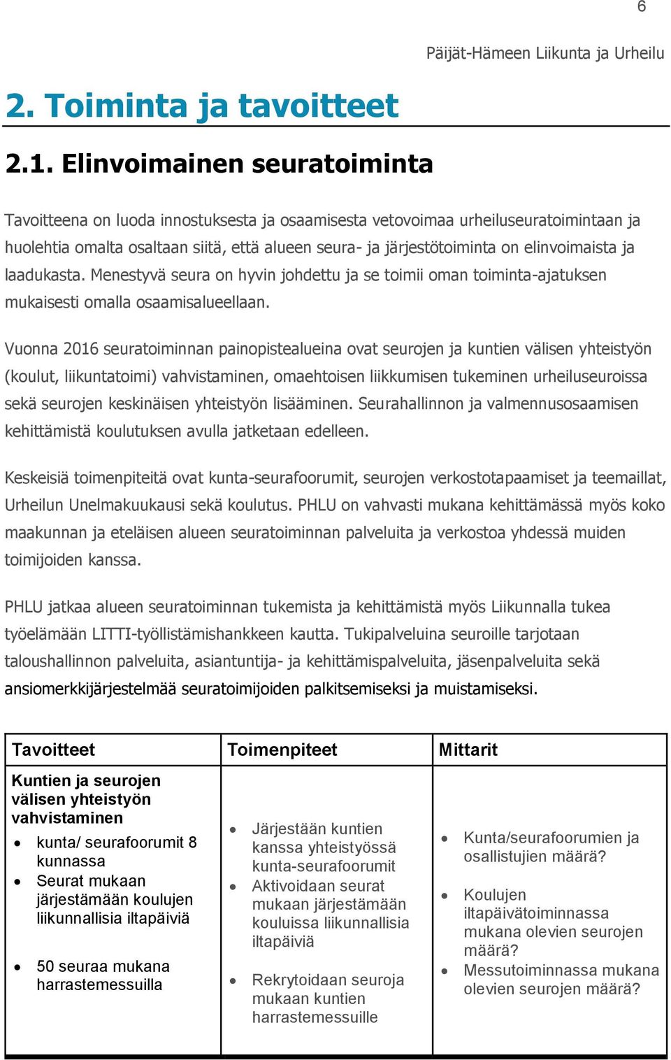 elinvoimaista ja laadukasta. Menestyvä seura on hyvin johdettu ja se toimii oman toiminta-ajatuksen mukaisesti omalla osaamisalueellaan.