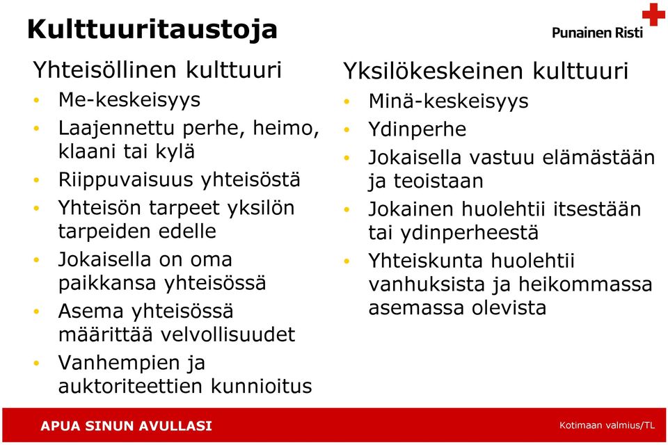 Vanhempien ja auktoriteettien kunnioitus Yksilökeskeinen kulttuuri Minä-keskeisyys Ydinperhe Jokaisella vastuu elämästään