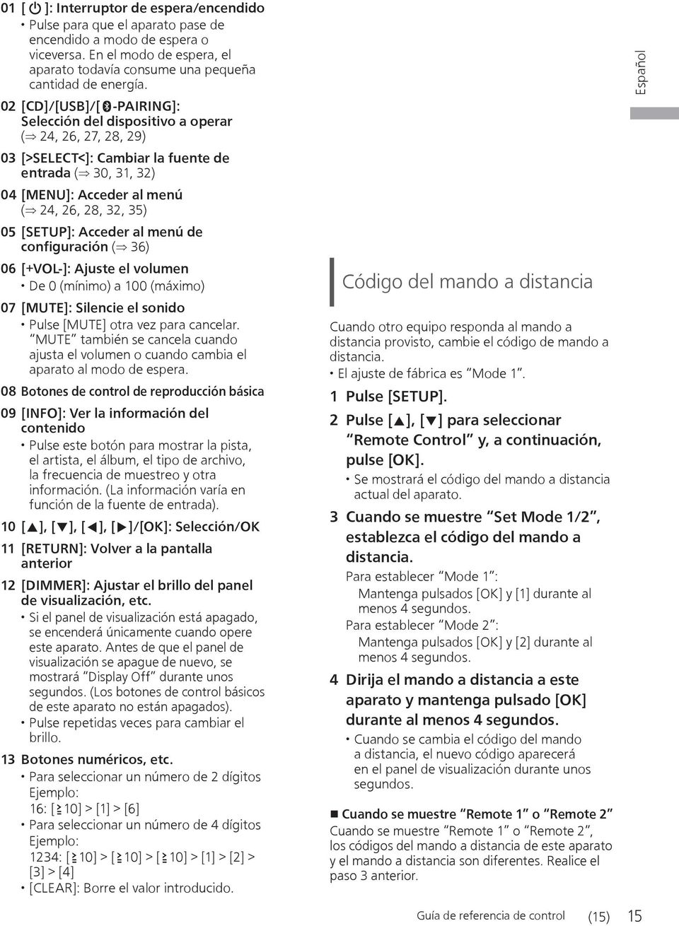05 [SETUP]: Acceder al menú de configuración ( 36) 06 [+VOL-]: Ajuste el volumen De 0 (mínimo) a 100 (máximo) 07 [MUTE]: Silencie el sonido Pulse [MUTE] otra vez para cancelar.