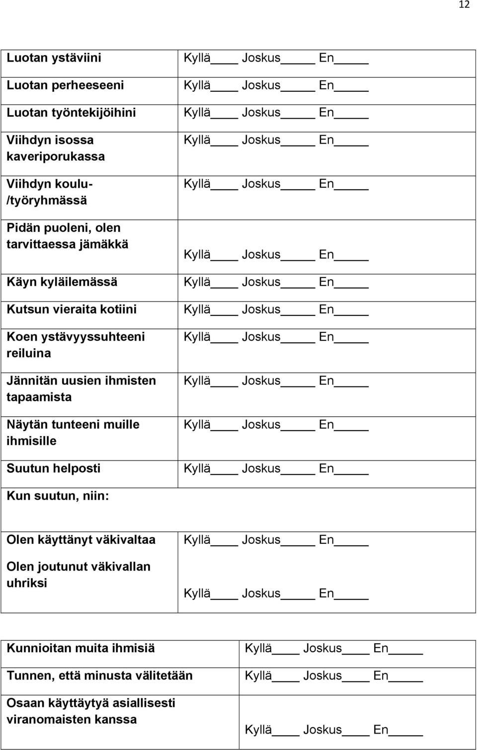 uusien ihmisten tapaamista Näytän tunteeni muille ihmisille Suutun helposti Kun suutun, niin: Olen käyttänyt väkivaltaa Olen