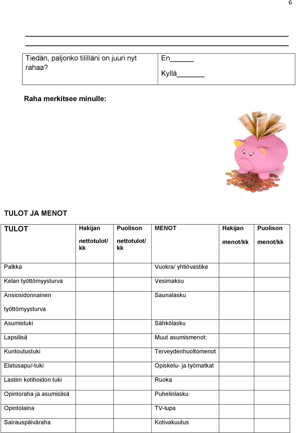 menot/kk Palkka Vuokra/ yhtiövastike Kelan työttömyysturva Vesimaksu Ansiosidonnainen Saunalasku työttömyysturva Asumistuki