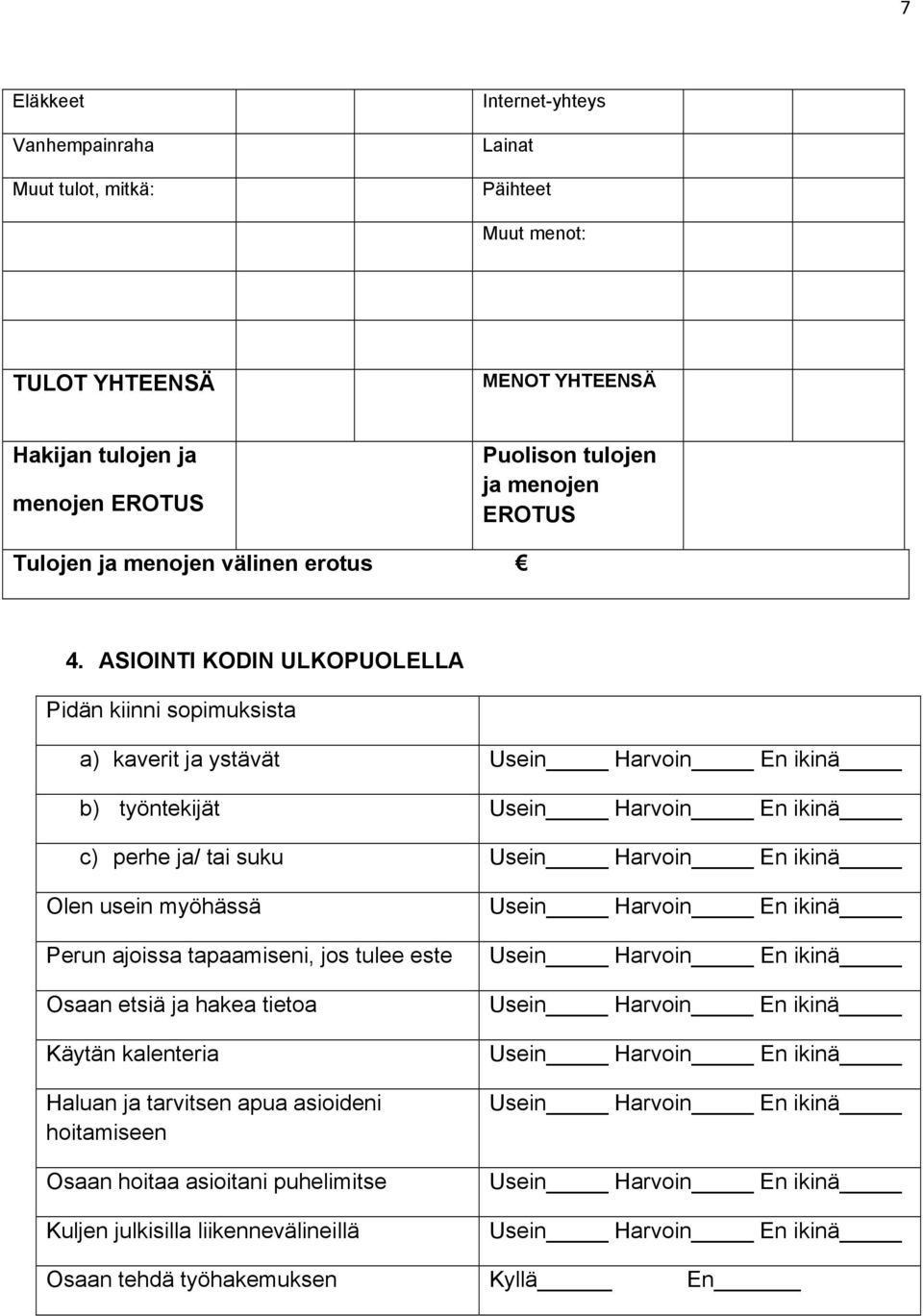 ASIOINTI KODIN ULKOPUOLELLA Pidän kiinni sopimuksista a) kaverit ja ystävät Usein Harvoin En ikinä b) työntekijät Usein Harvoin En ikinä c) perhe ja/ tai suku Usein Harvoin En ikinä Olen usein