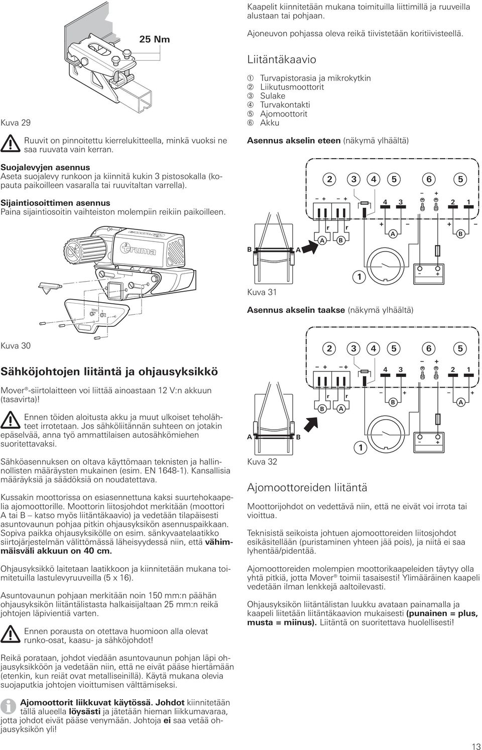 ➀ Turvapistorasia ja mikrokytkin ➁ Liikutusmoottorit ➂ Sulake ➃ Turvakontakti ➄ Ajomoottorit ➅ Akku Asennus akselin eteen (näkymä ylhäältä) Suojalevyjen asennus Aseta suojalevy runkoon ja kiinnitä