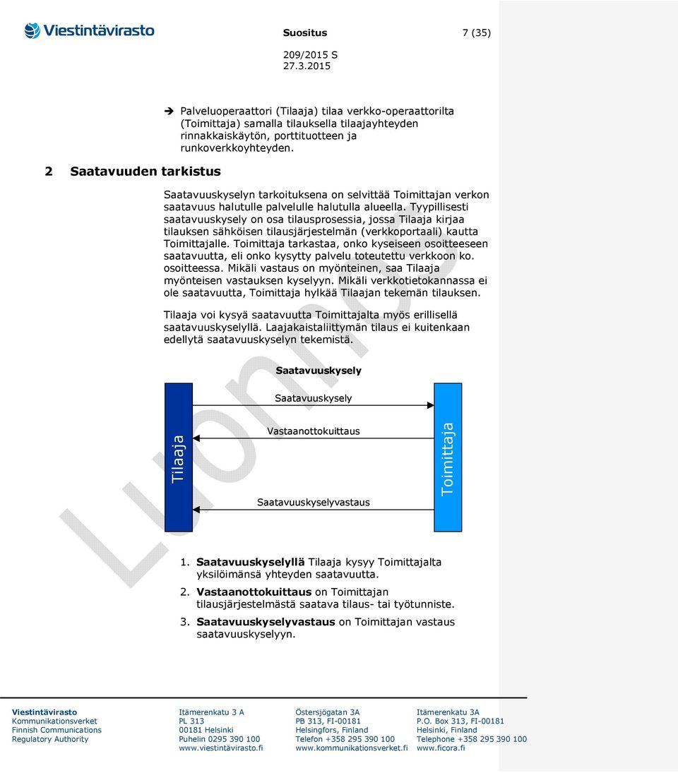 Tyypillisesti saatavuuskysely on osa tilausprosessia, jossa Tilaaja kirjaa tilauksen sähköisen tilausjärjestelmän (verkkoportaali) kautta Toimittajalle.