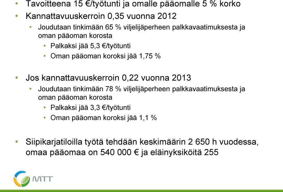 kannattavuuskerroin 0,22 vuonna 2013 Joudutaan tinkimään 78 % viljelijäperheen palkkavaatimuksesta ja oman pääoman korosta Palkaksi