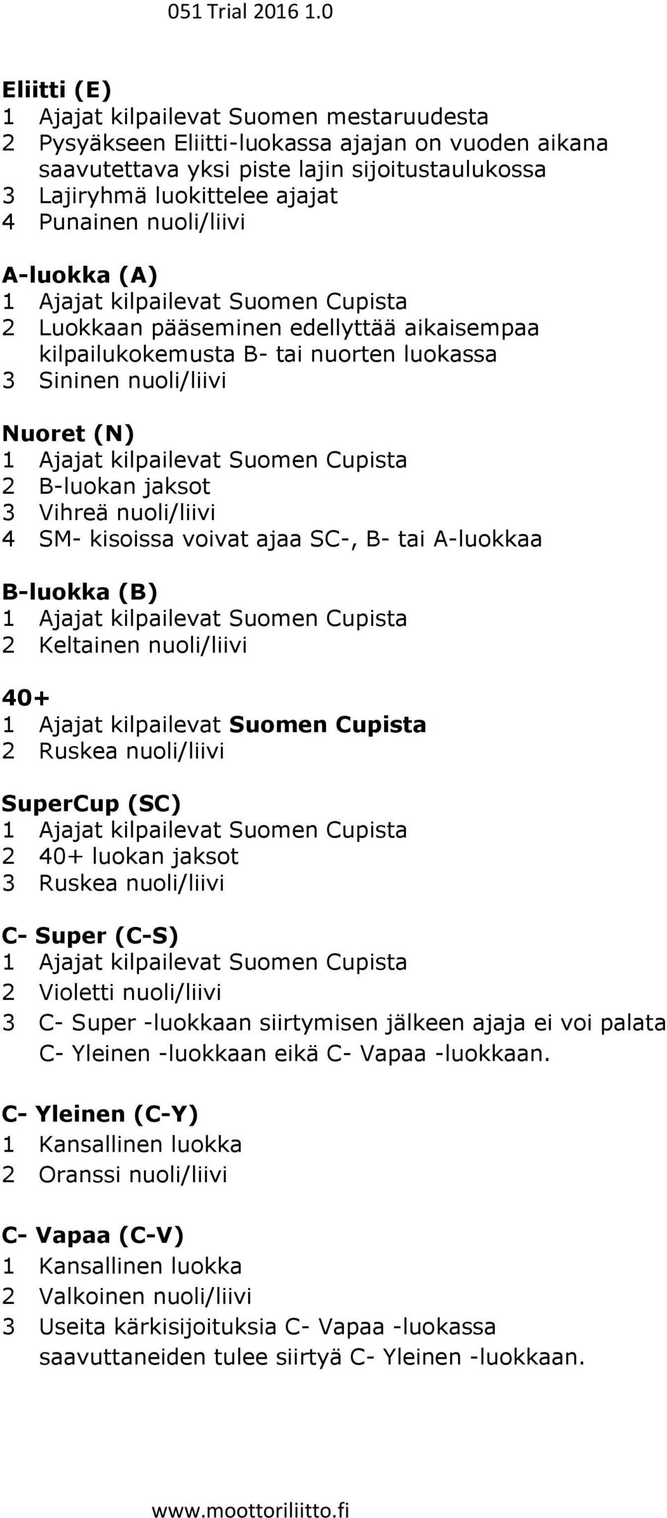 kilpailevat Suomen Cupista 2 B-luokan jaksot 3 Vihreä nuoli/liivi 4 SM- kisoissa voivat ajaa SC-, B- tai A-luokkaa B-luokka (B) 1 Ajajat kilpailevat Suomen Cupista 2 Keltainen nuoli/liivi 40+ 1