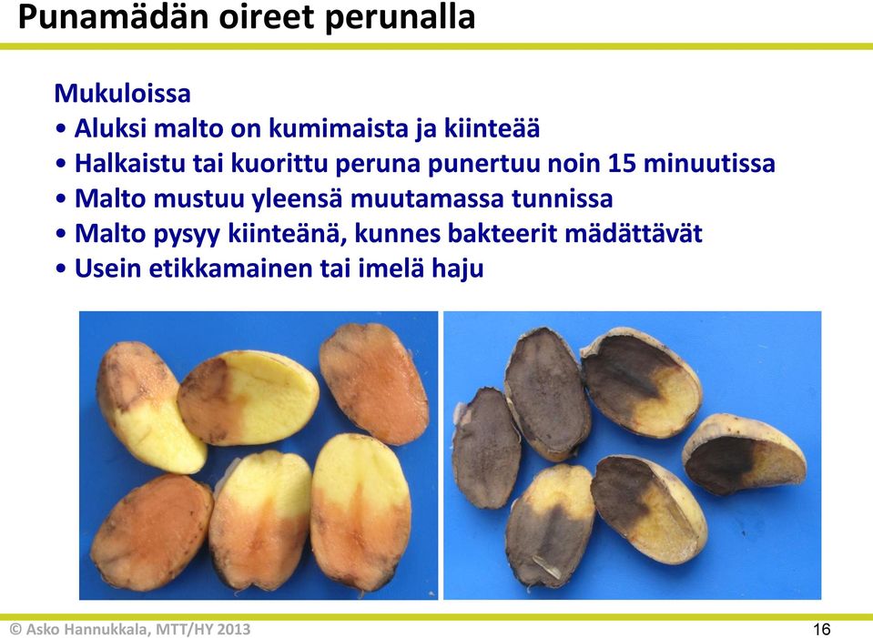 noin 15 minuutissa Malto mustuu yleensä muutamassa tunnissa Malto