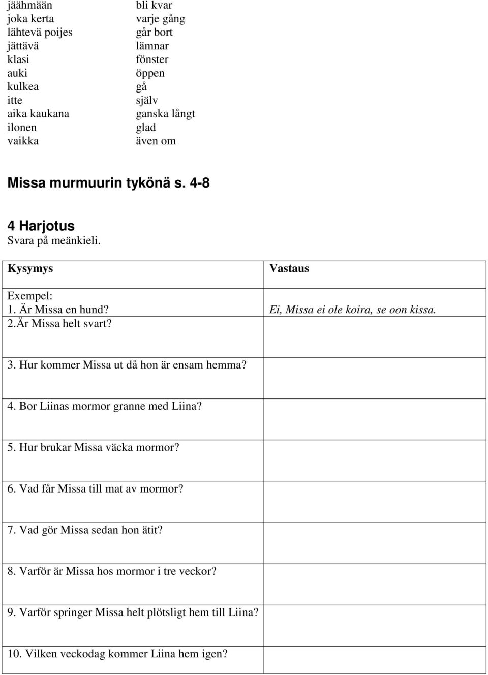 Är Missa helt svart? 3. Hur kommer Missa ut då hon är ensam hemma? 4. Bor Liinas mormor granne med Liina? 5. Hur brukar Missa väcka mormor? 6.