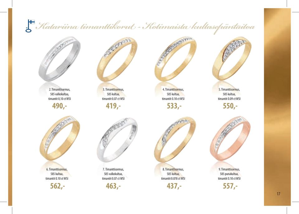 Timanttisormus, 585 kultaa, timantit 0.09 ct WSI 550,- 6. Timanttisormus, 585 kultaa, timantit 0.10 ct WSI 562,- 7.