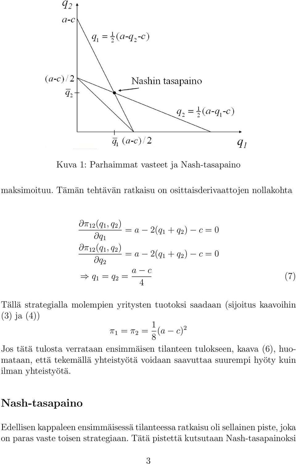 Tällä strategialla molempien yritysten tuotoksi saadaan (sijoitus kaavoihin (3) ja (4)) π 1 = π 2 = 1 (a c)2 8 Jos tätä tulosta verrataan ensimmäisen tilanteen