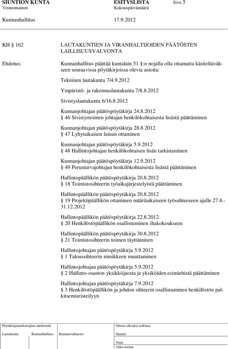 8.2012 47 Lyhytaikaisen lainan ottaminen Kunnanjohtajan päätöspöytäkirja 5.9.2012 48 Hallintojohtajan henkilökohtaisen lisän tarkistaminen Kunnanjohtajan päätöspöytäkirja 12.9.2012 49 Perusturvajohtajan henkilökohtaisesta lisästä päättäminen Hallintopäällikön päätöspöytäkirja 20.