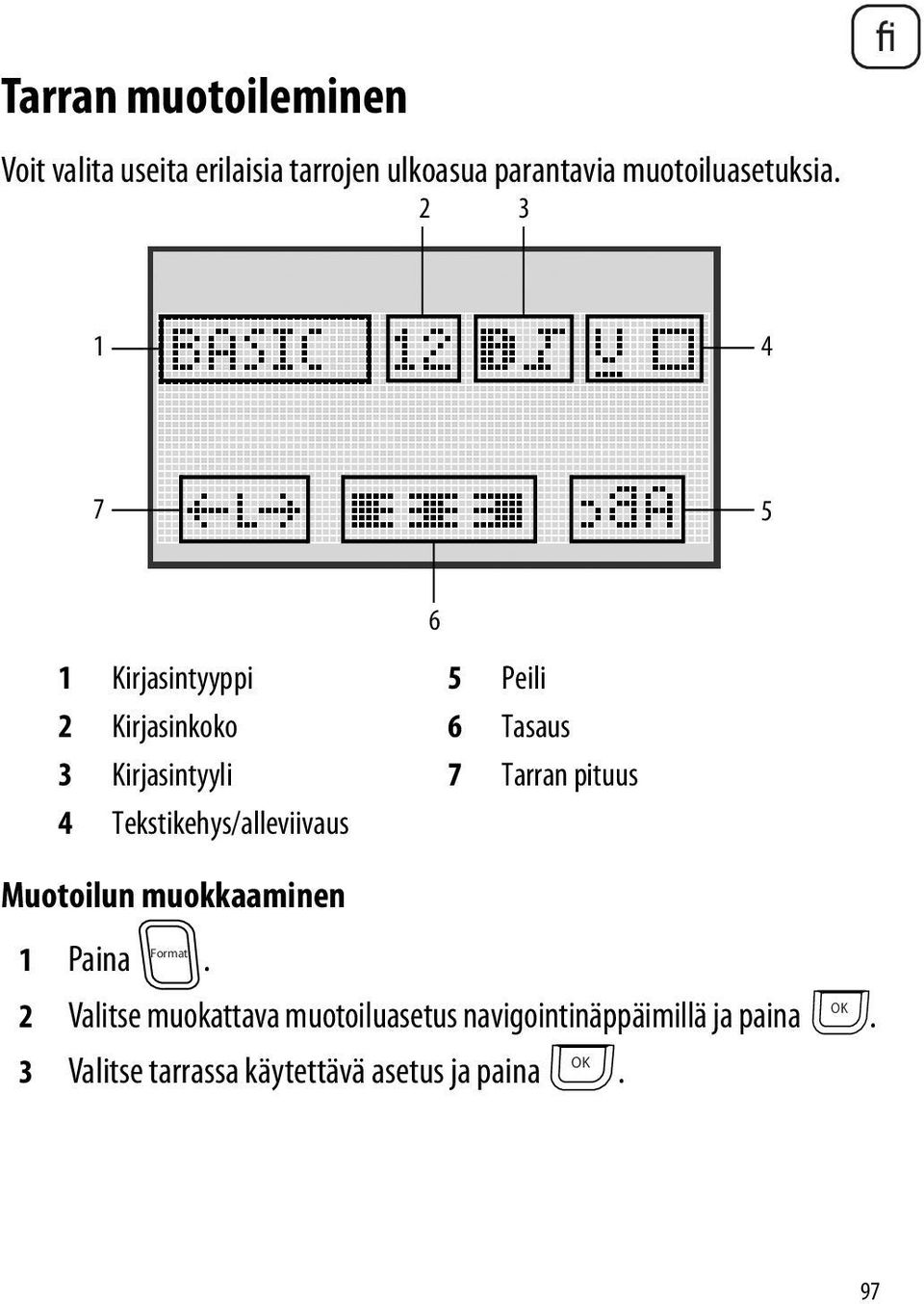 2 3 fi 1 4 7 5 1 Kirjasintyyppi 5 Peili 2 Kirjasinkoko 6 Tasaus 3 Kirjasintyyli 7 Tarran