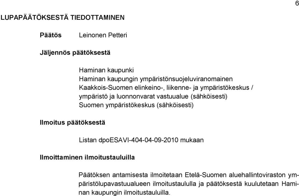 (sähköisesti) Suomen ympäristökeskus (sähköisesti) Listan dpoesavi-404-04-09-2010 mukaan Ilmoittaminen ilmoitustauluilla Päätöksen