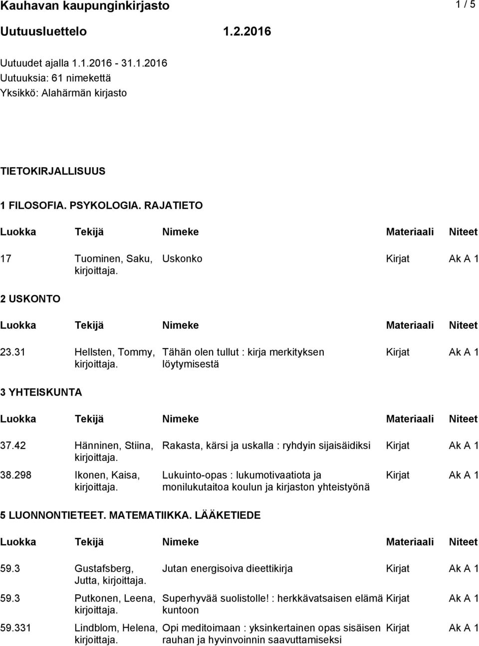 298 Ikonen, Kaisa, Rakasta, kärsi ja uskalla : ryhdyin sijaisäidiksi Lukuinto-opas : lukumotivaatiota ja monilukutaitoa koulun ja kirjaston yhteistyönä 5 LUONNONTIETEET. MATEMATIIKKA.