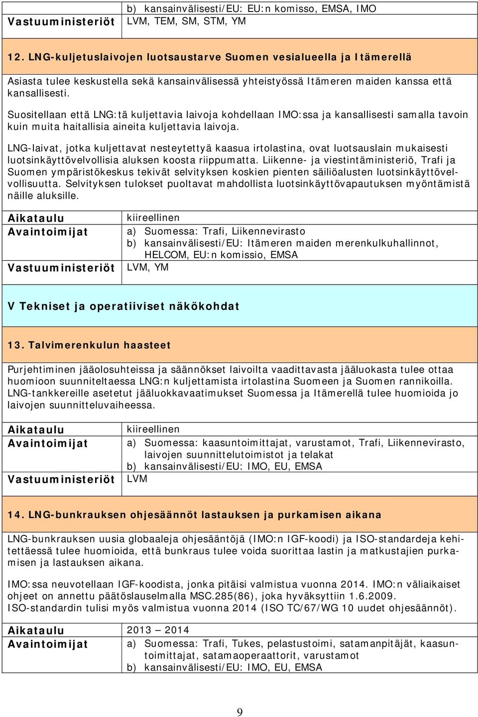 Suositellaan että LNG:tä kuljettavia laivoja kohdellaan IMO:ssa ja kansallisesti samalla tavoin kuin muita haitallisia aineita kuljettavia laivoja.