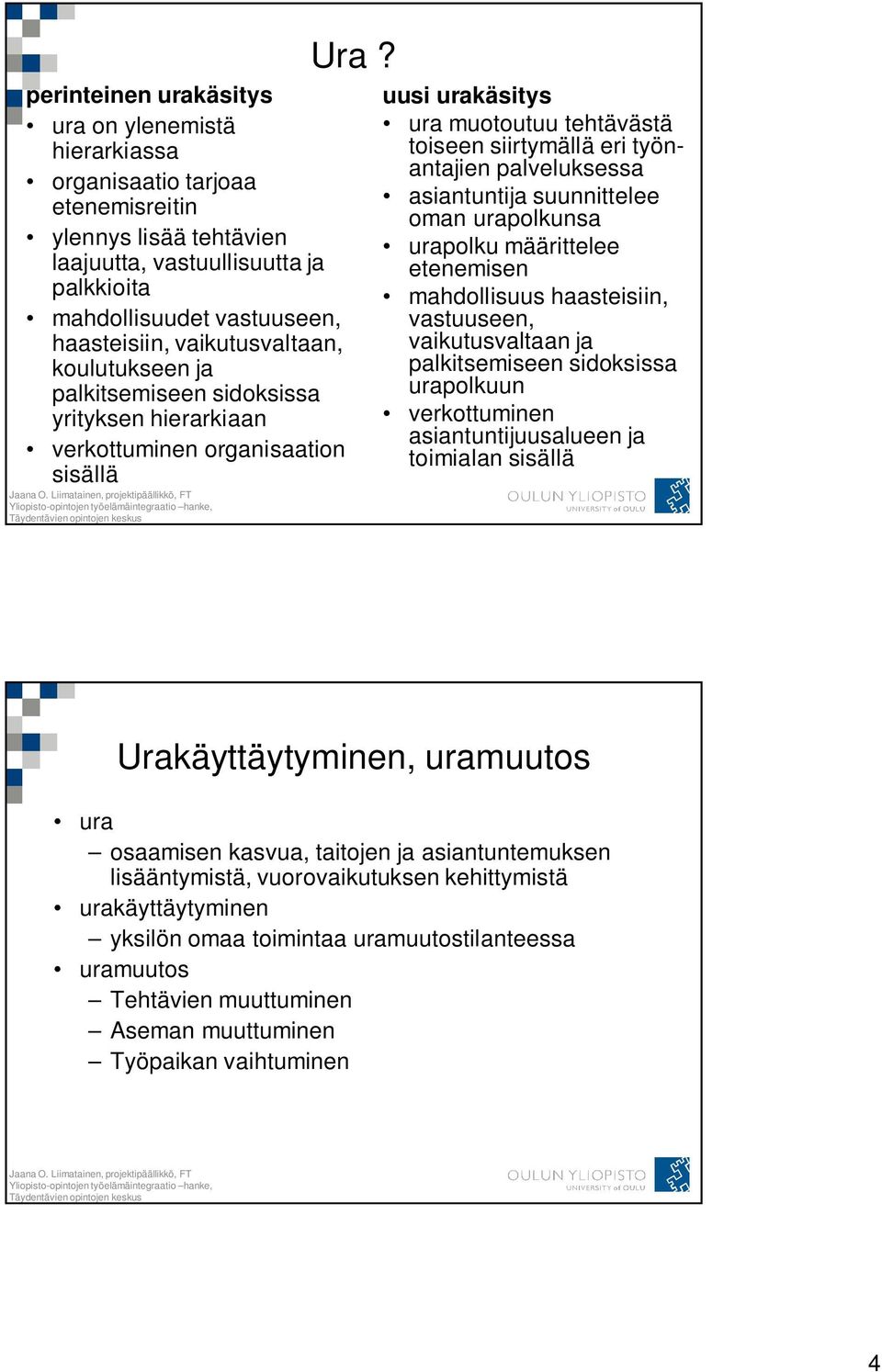 uusi urakäsitys ura muotoutuu tehtävästä toiseen siirtymällä eri työnantajien palveluksessa asiantuntija suunnittelee oman urapolkunsa urapolku määrittelee etenemisen mahdollisuus haasteisiin,