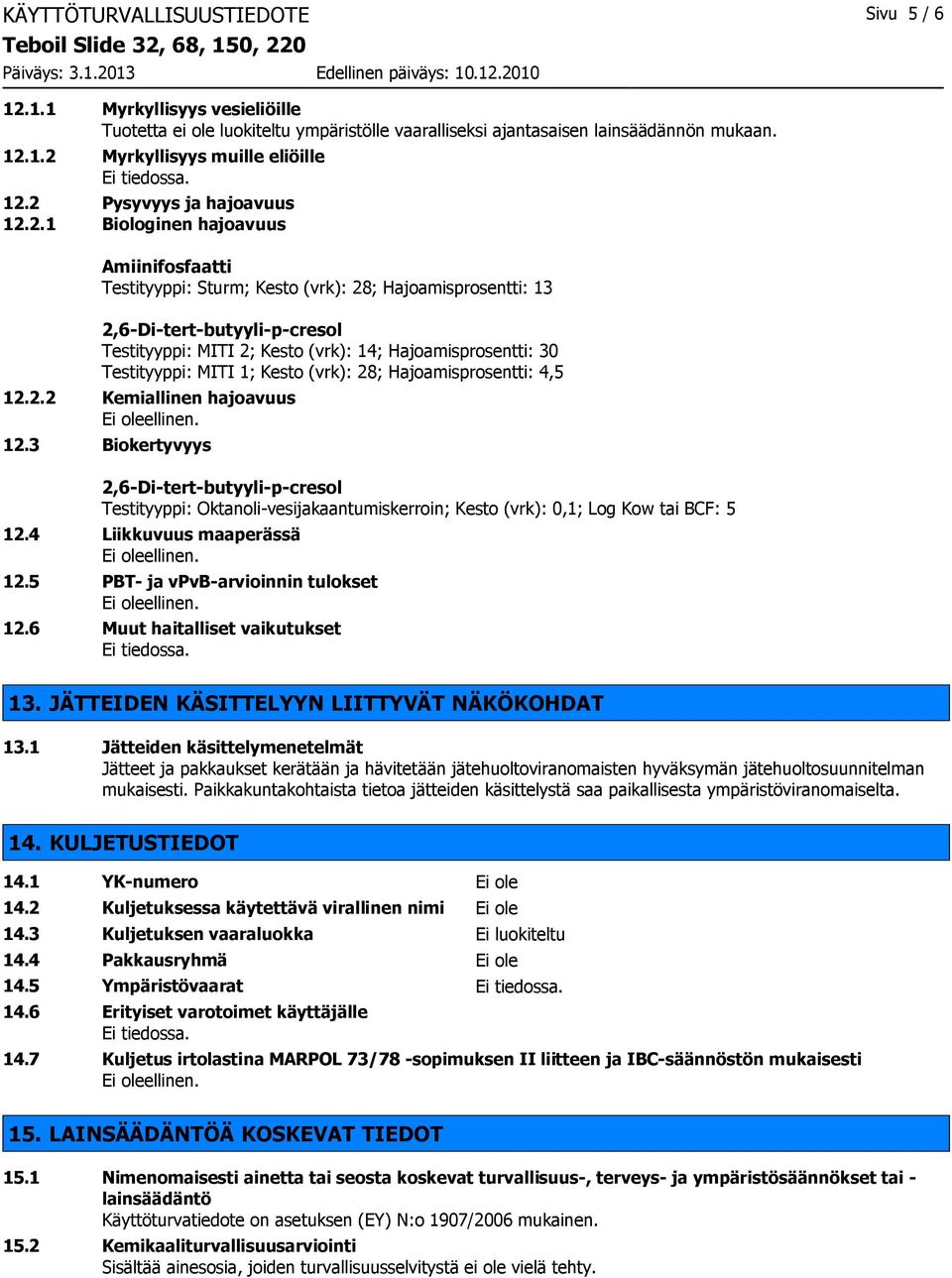 Hajoamisprosentti: 30 Testityyppi: MITI 1; Kesto (vrk): 28; Hajoamisprosentti: 4,5 12.2.2 Kemiallinen hajoavuus 12.