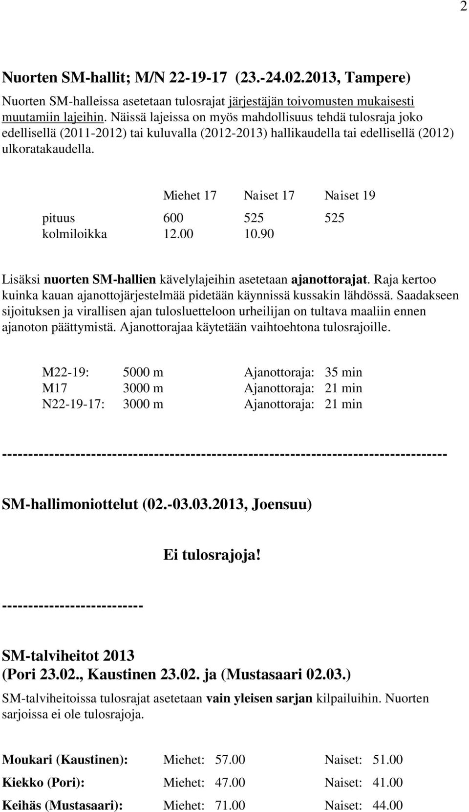 Miehet 17 Naiset 17 Naiset 19 pituus 600 525 525 kolmiloikka 12.00 10.90 Lisäksi nuorten SM-hallien kävelylajeihin asetetaan ajanottorajat.