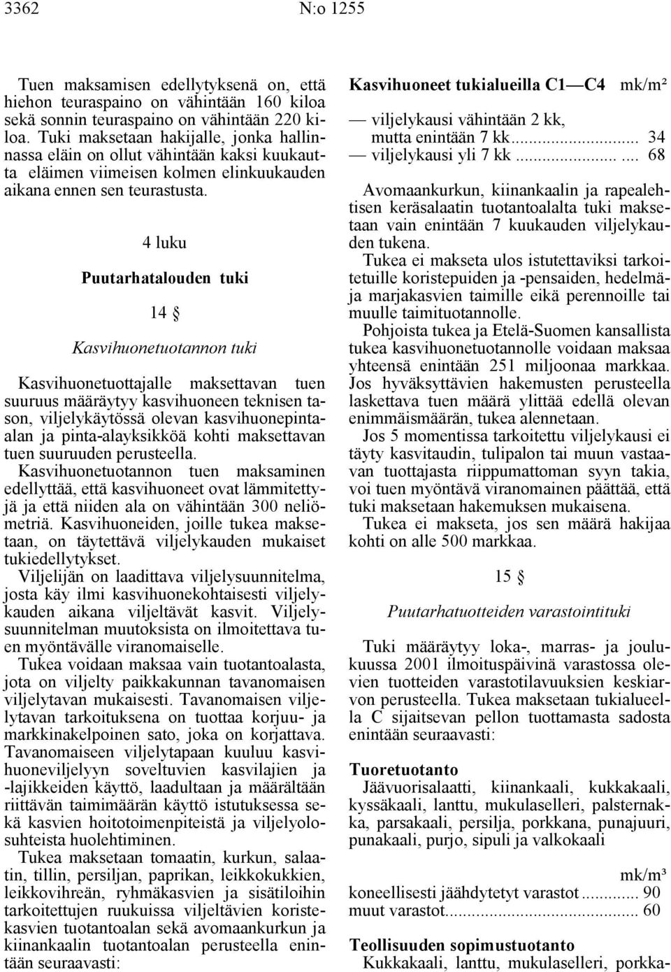 4 luku Puutarhatalouden tuki 14 Kasvihuonetuotannon tuki Kasvihuonetuottajalle maksettavan tuen suuruus määräytyy kasvihuoneen teknisen tason, viljelykäytössä olevan kasvihuonepintaalan ja