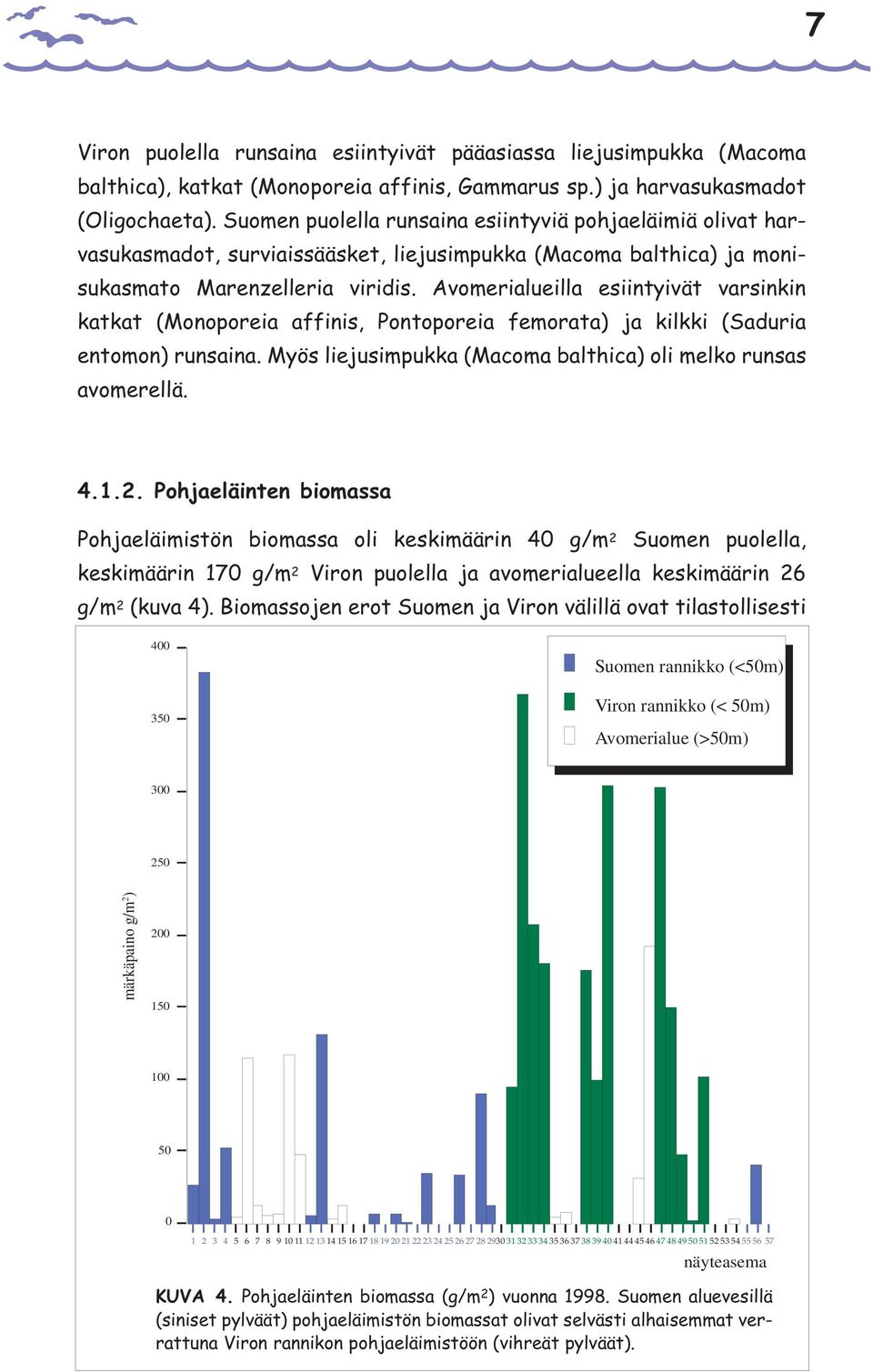 Avomerialueilla esiintyivät varsinkin katkat (, ) ja kilkki (Saduria entomon) runsaina. Myös liejusimpukka () oli melko runsas avomerellä. 4.1.2.
