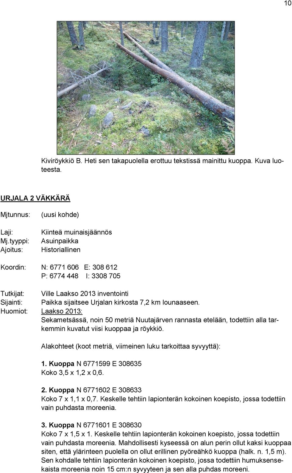 sijaitsee Urjalan kirkosta 7,2 km lounaaseen. Huomiot: Laakso 2013: Sekametsässä, noin 50 metriä Nuutajärven rannasta etelään, todettiin alla tarkemmin kuvatut viisi kuoppaa ja röykkiö.