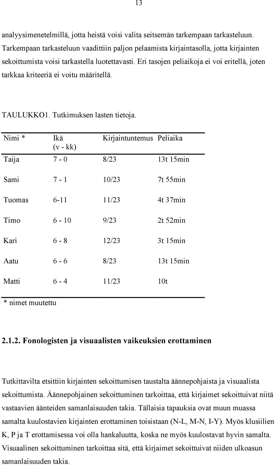 Eri tasojen peliaikoja ei voi eritellä, joten tarkkaa kriteeriä ei voitu määritellä. TAULUKKO1. Tutkimuksen lasten tietoja.