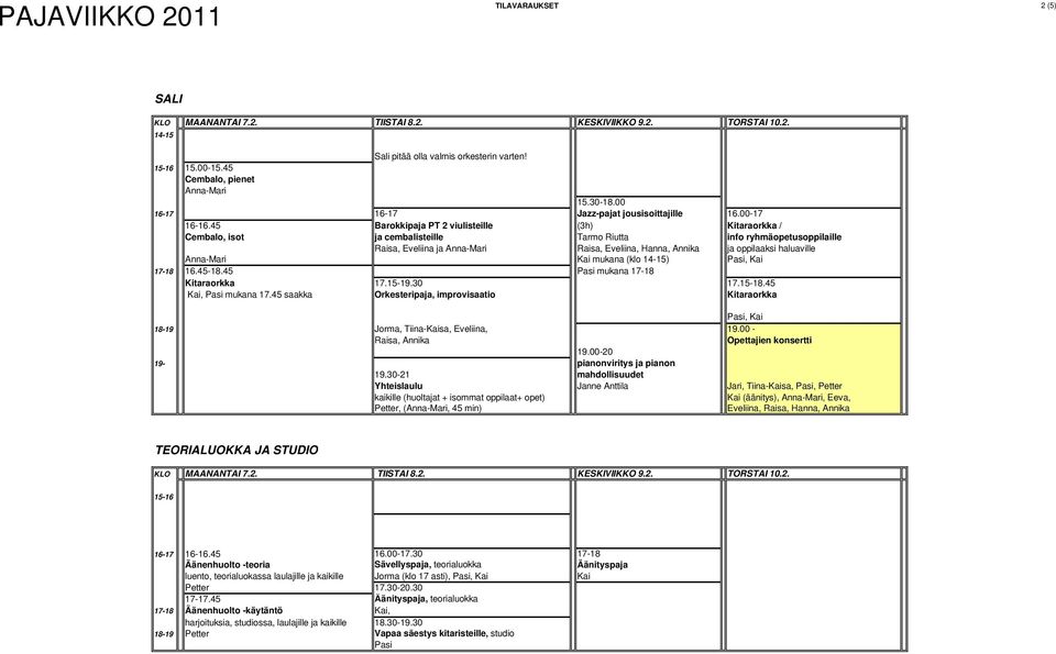 Kai mukana (klo 14-15) Pasi, Kai 17-18 16.45-18.45 Pasi mukana 17-18 Kitaraorkka 17.15-19.30 17.15-18.45 Kai, Pasi mukana 17.