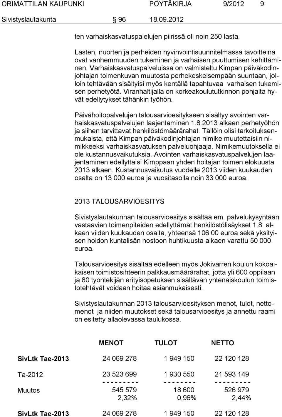 Varhaiskasvatuspalveluissa on valmisteltu Kimpan päiväkodinjohtajan toimenkuvan muutosta perhekeskeisempään suuntaan, jolloin tehtävään sisältyisi myös kentällä tapahtuvaa varhaisen tukemisen