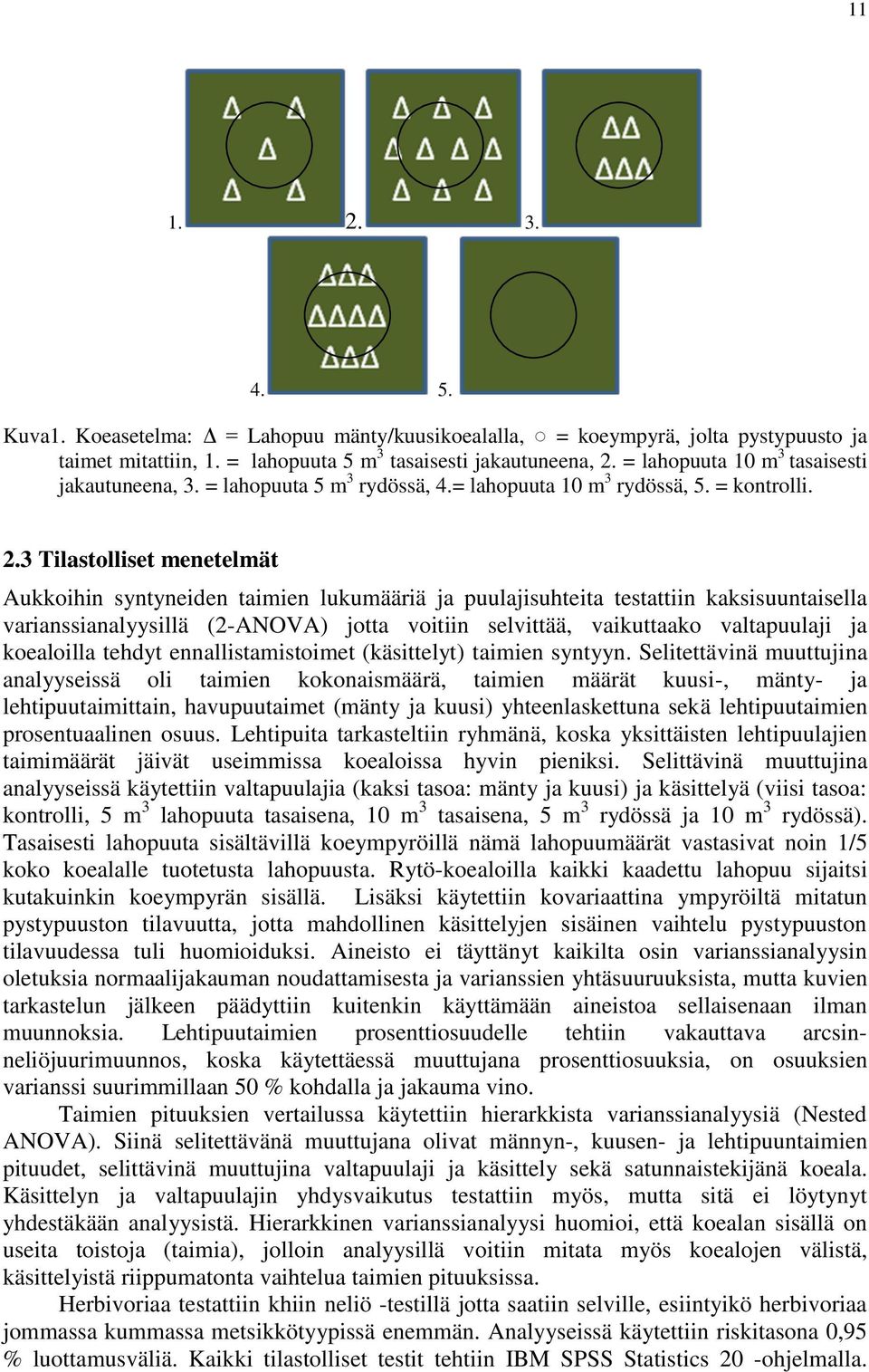 3 Tilastolliset menetelmät Aukkoihin syntyneiden taimien lukumääriä ja puulajisuhteita testattiin kaksisuuntaisella varianssianalyysillä (2-ANOVA) jotta voitiin selvittää, vaikuttaako valtapuulaji ja