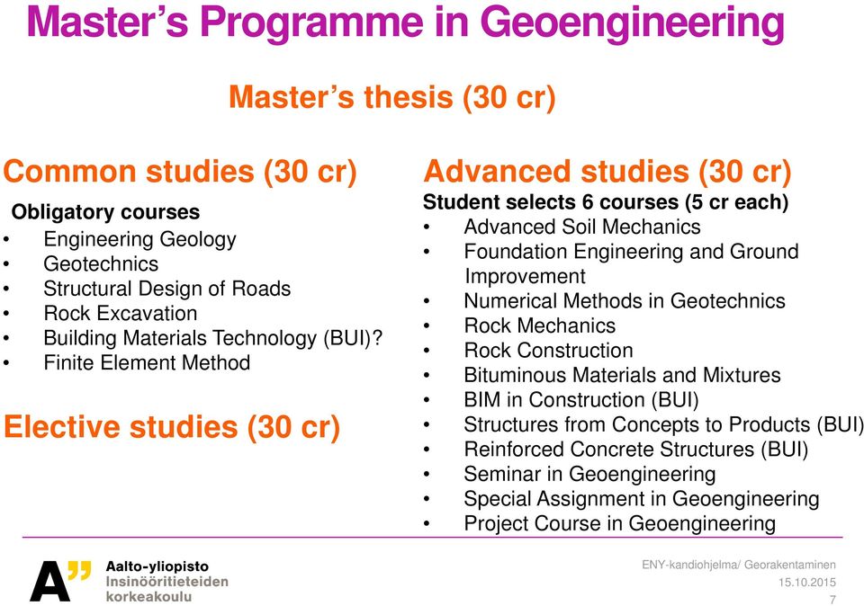 Finite Element Method Elective studies (30 cr) Advanced studies (30 cr) Student selects 6 courses (5 cr each) Advanced Soil Mechanics Foundation Engineering and Ground