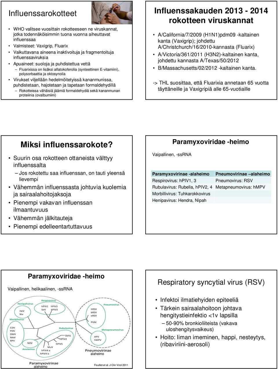 hedelmöitetyissä kananmunissa, puhdistetaan, hajotetaan ja tapetaan formaldehydillä Rokotteissa vähäisiä jäämiä formaldehydiä sekä kananmunan proteiinia (ovalbumiini) Influenssakauden 2013-2014