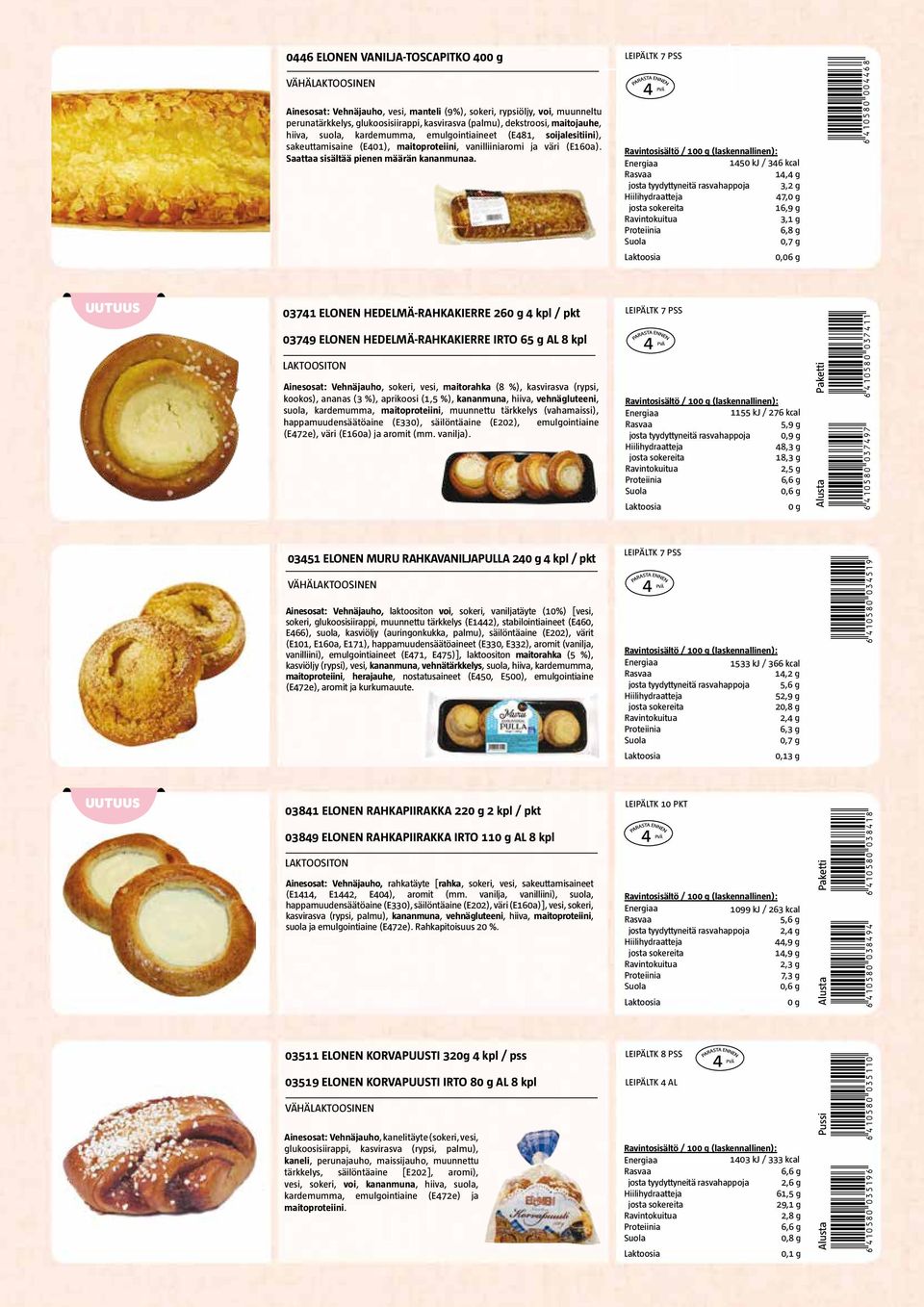 LEIPÄLTK 7 PSS 1450 kj / 346 kcal 14,4 g josta tyydyttyneitä rasvahappoja 3,2 g 47, 16,9 g 3,1 g 6,8 g 0,06 g *6410580004468* UUTUUS 03741 ELONEN HEDELMÄ-RAHKAKIERRE 26 4 kpl / pkt 03749 ELONEN