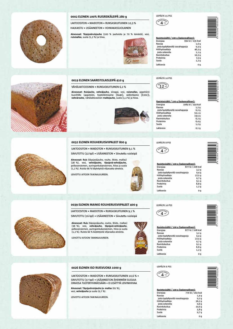 LEIPÄLTK 15 PSS 992 kj / 235 kcal 1,6 g josta tyydyttyneitä rasvahappoja 46,3 g 1,1 g 1 7,3 g *6410580000026* 0019 ELONEN SAARISTOLAISLEIPÄ 41 RUNSASKUITUINEN 6,2 % Ainesosat: Ruisjauho, vehnäjauho,