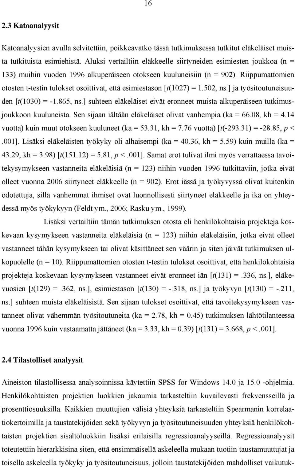 Riippumattomien otosten t-testin tulokset osoittivat, että esimiestason [t(1027) = 1.502, ns.] ja työsitoutuneisuuden [t(1030) = -1.865, ns.