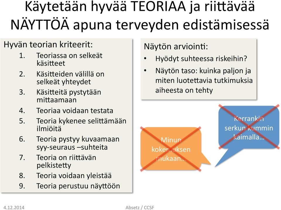 Teoria pystyy kuvaamaan syy- seuraus suhteita 7. Teoria on rii+ävän pelkiste+y 8. Teoria voidaan yleistää 9.