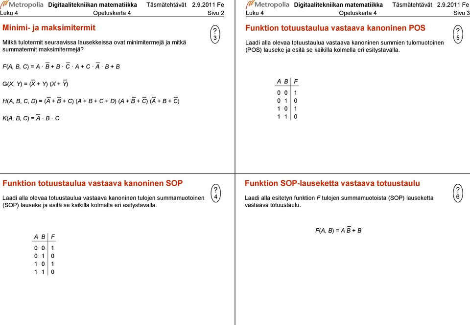 B C A + C A B + B Funktion totuustaulua vastaava kanoninen POS Laadi alla olevaa totuustaulua vastaava kanoninen summien tulomuotoinen (POS) lauseke ja esitä se kaikilla kolmella eri esitystavalla.