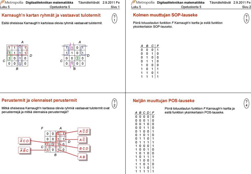 Kolmen muuttujan SOP-lauseke Piirrä totuustaulun funktion F Karnaugh'n kartta ja esitä funktion yksinkertaisin SOP-lauseke.