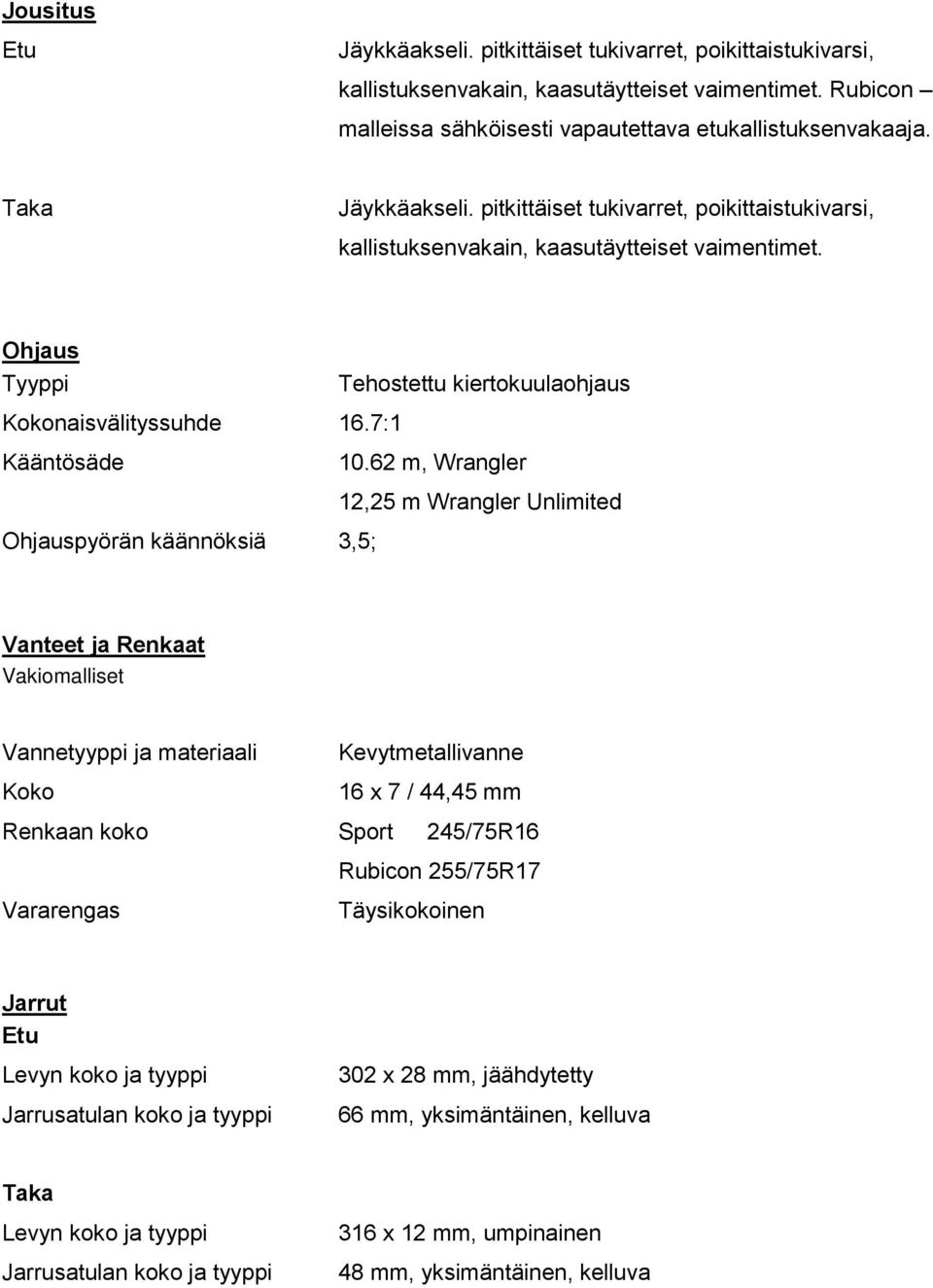 7:1 Kääntösäde Ohjauspyörän käännöksiä 3,5; Tehostettu kiertokuulaohjaus 10.