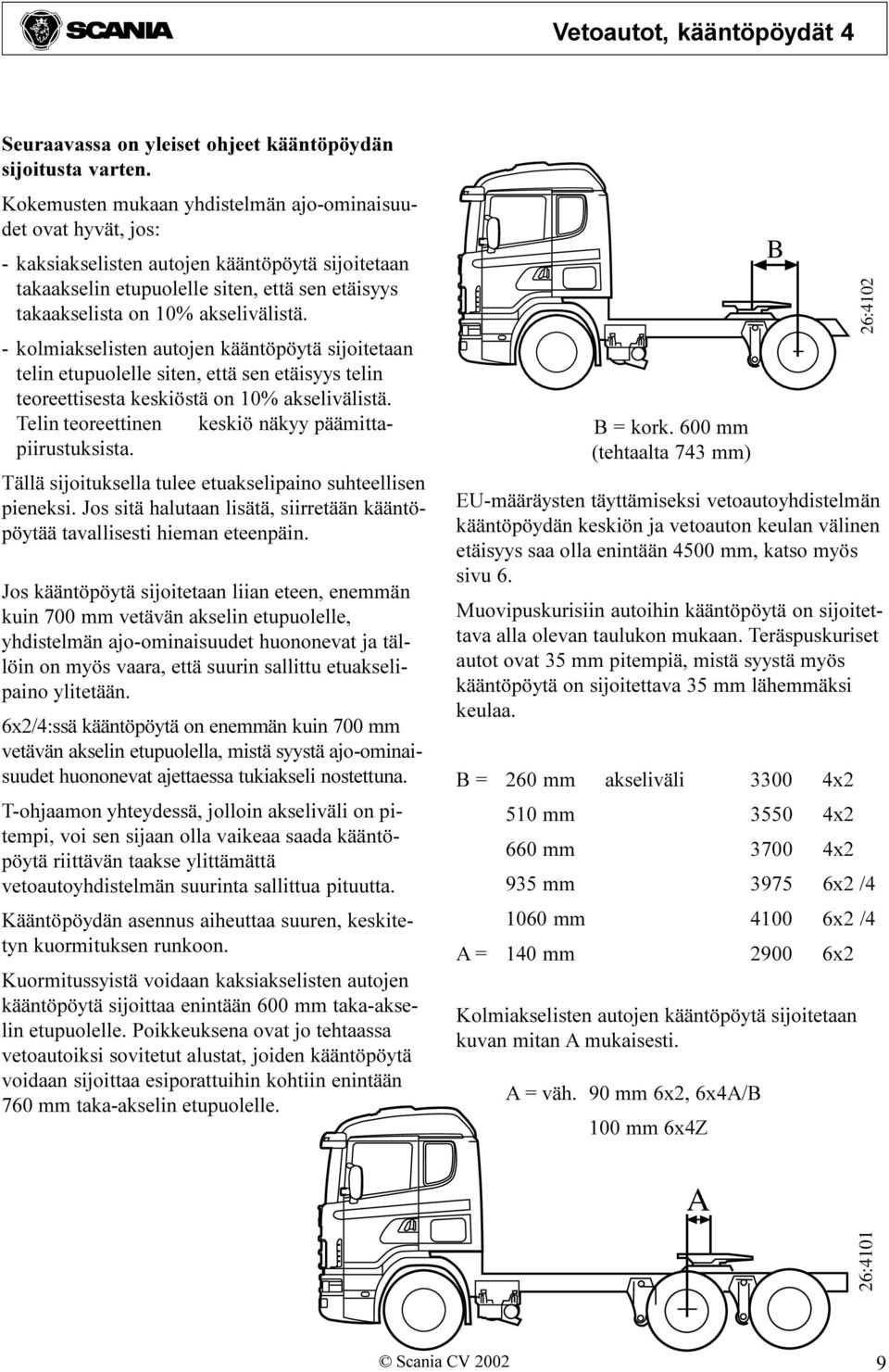 - kolmiakselisten autojen kääntöpöytä sijoitetaan telin etupuolelle siten, että sen etäisyys telin teoreettisesta keskiöstä on 10% akselivälistä.