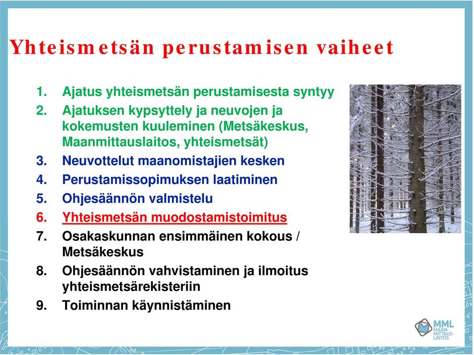 Neuvottelut maanomistajien kesken 4. Perustamissopimuksen laatiminen 5. Ohjesäännön valmistelu 6.