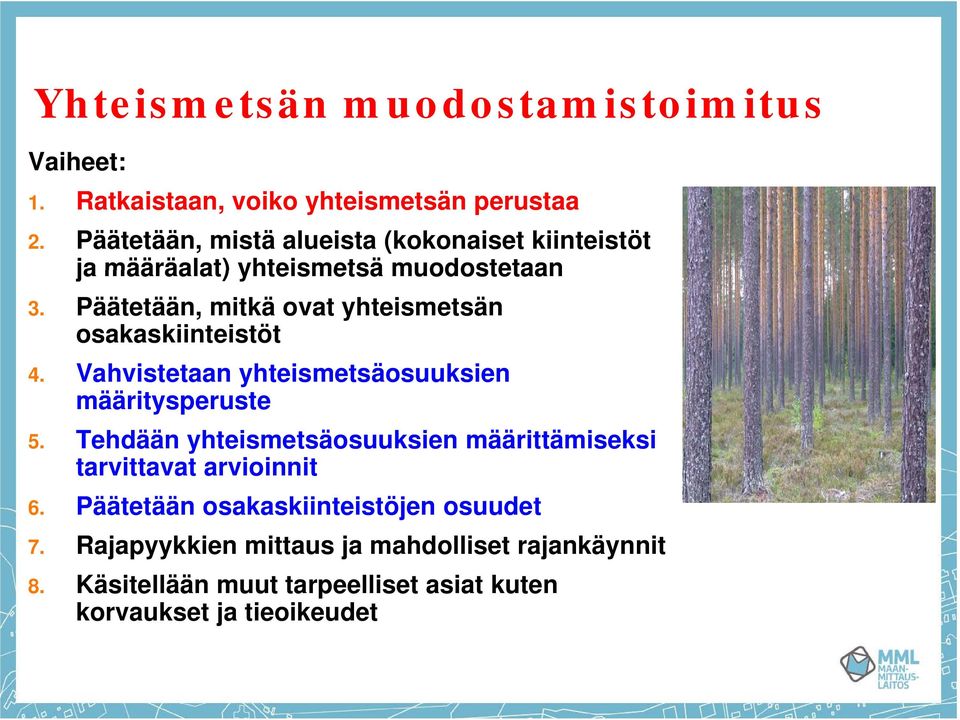 Päätetään, mitkä ovat yhteismetsän osakaskiinteistöt 4. Vahvistetaan yhteismetsäosuuksien määritysperuste 5.